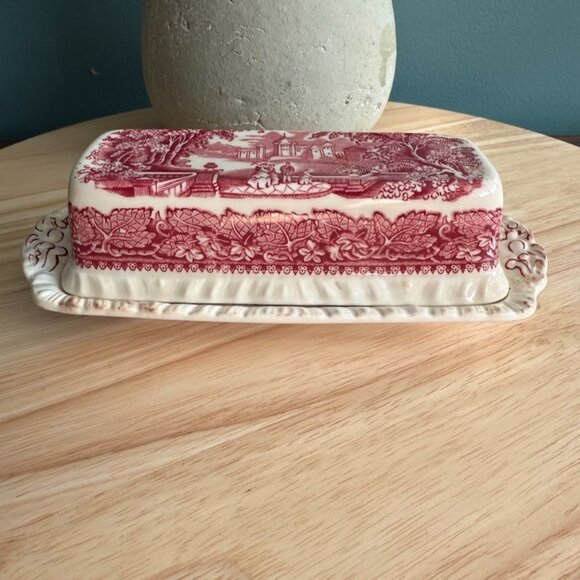 Vintage Masons Vista Red Pink Ironstone Covered Butter Dish England Landscape - Picture 3 of 12